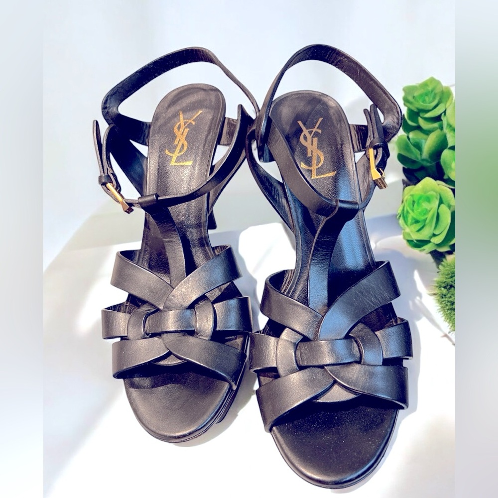 Authentic YSL Tribute Platform Strappy Sandals Black Yves Saint Laurent